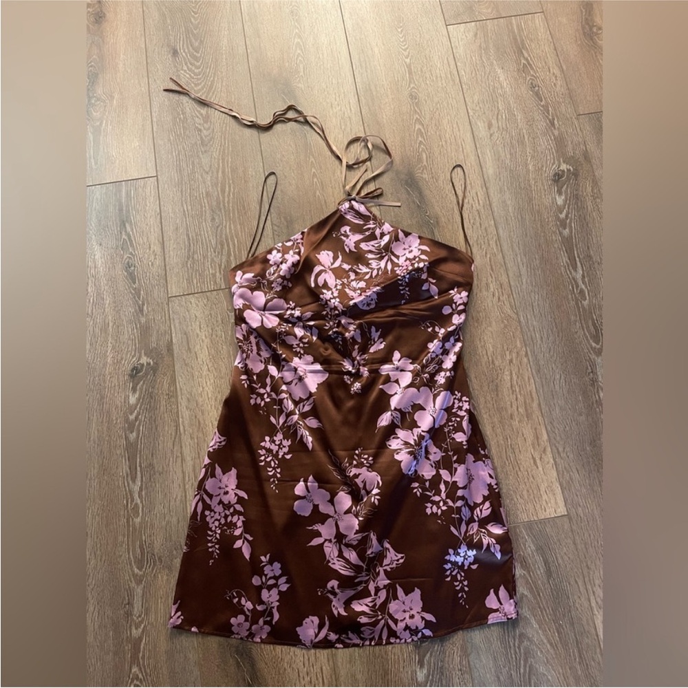 Reformation Poppie Silk Brown Floral Halter Dress